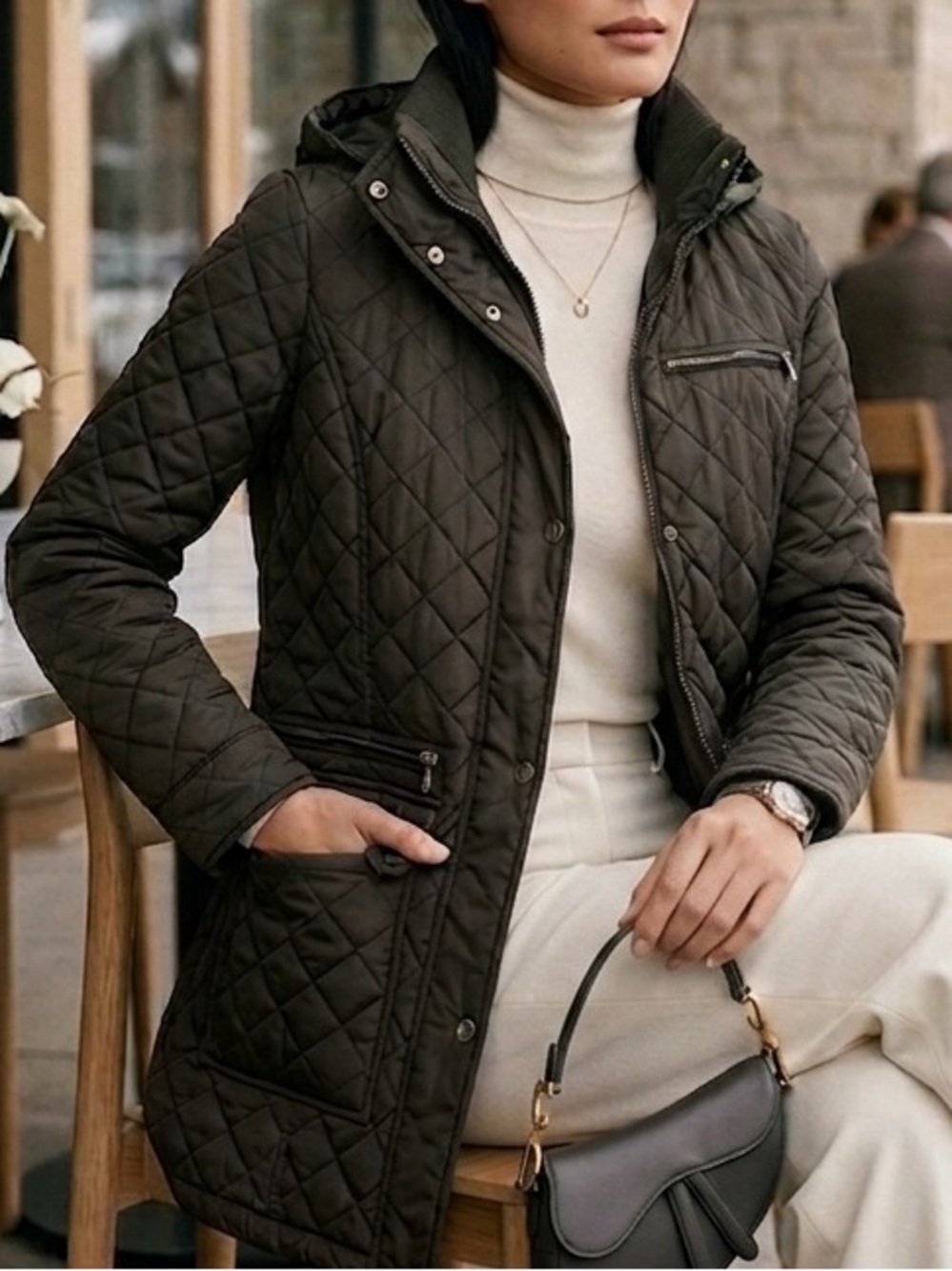 Calvin Klein Quilted Dark Brown Women's Hooded Jacket Pockets Medium
